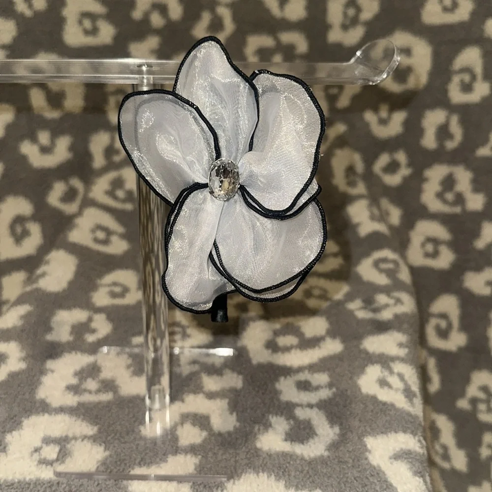 Tasha Black Band with Elegant Sheer White Flower with Clear Rhinestone Headband - Picture 4 of 17